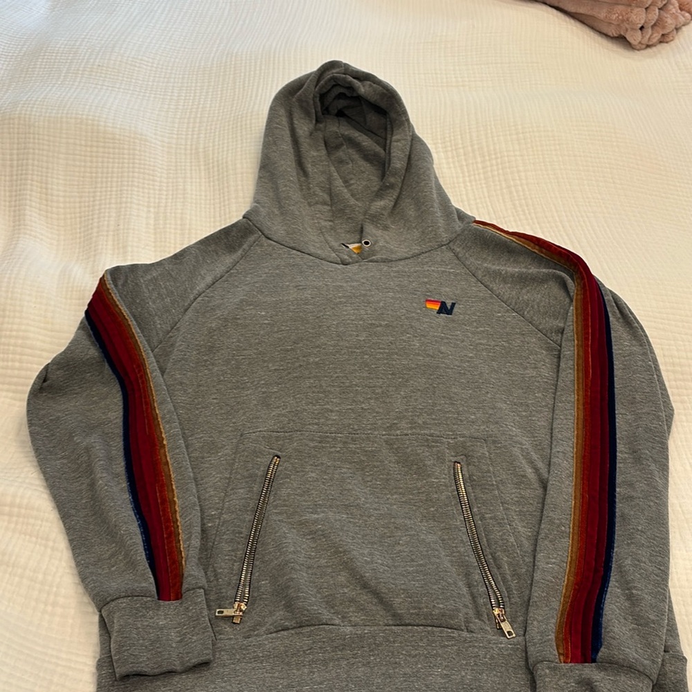 Aviator Nation Velvet Striped Pullover Hoodie Size M Light Grey